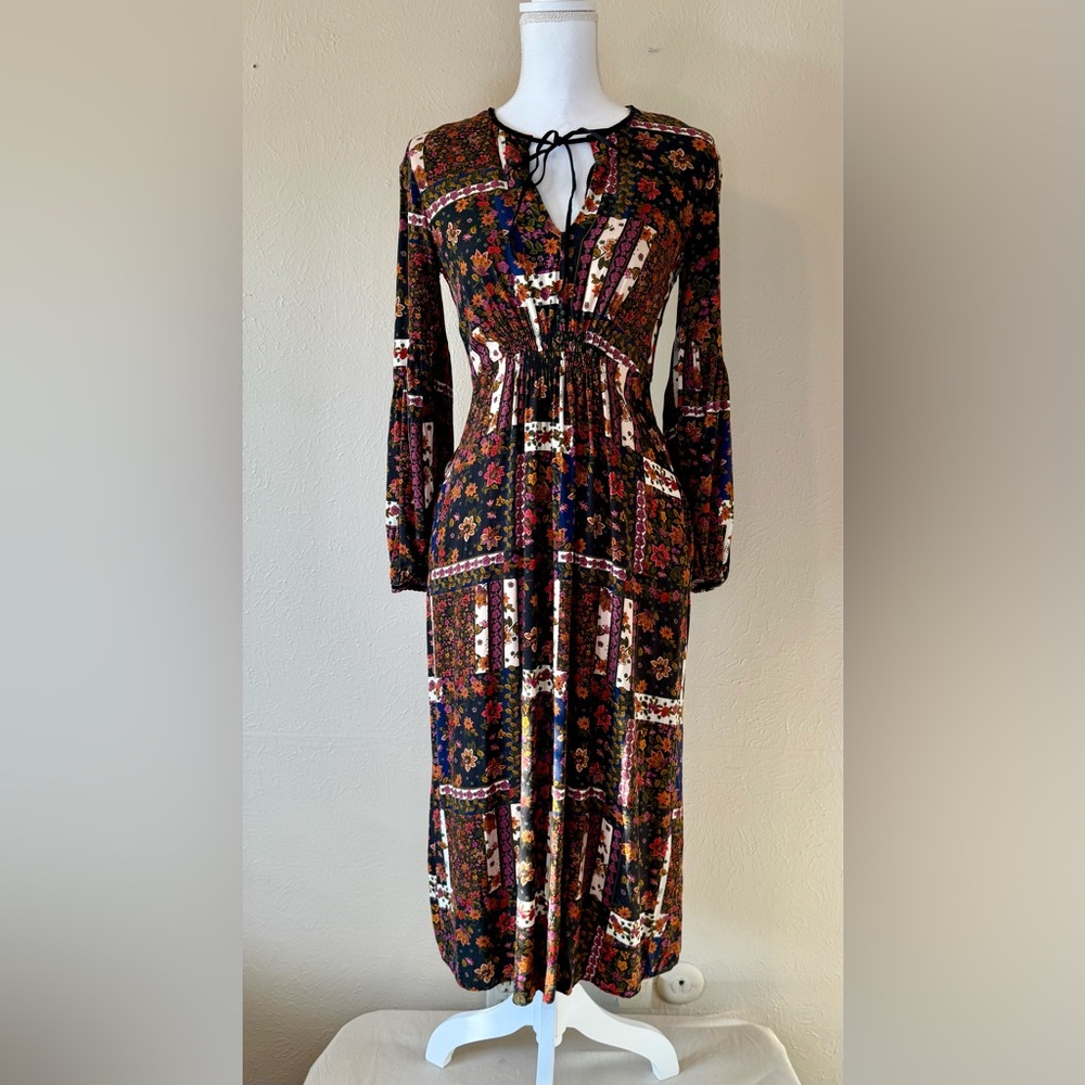 Zara Boho Empire Waist Floral Patchwork Long Sleeve Dress